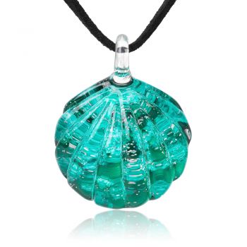 SUVANI Hand Blown & Hand Painted Glass Jewelry Ocean Green Seashell Clear Pendant Necklace 18”-20”