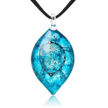 SUVANI Hand Blown Glass Jewelry Sea Turtle Ocean Blue Marquise Shape Pendant Necklace 18"-20"