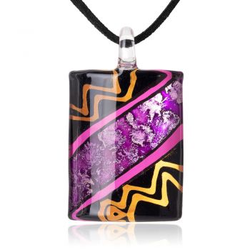 SUVANI Hand Painted Glass Jewelry Purple Tribal Art Cabochon Rectangle Pendant Necklace 18”-20"