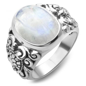 925 Sterling Silver Natural Moonstone Gemstone Filigree Sea Turtle Band Ring Size 6, 7, 8