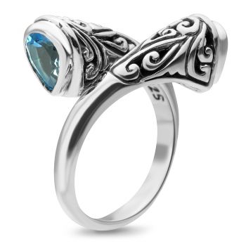 925 Sterling Silver Filigree Blue Topaz Stone Band Ring Women Jewelry Size 6, 7, 8
