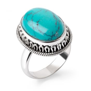SUVANI Sterling Silver Reconstituted Turquoise Gemstone Cabochon Oval Rope Edge Band Ring Size 6 7 8 9