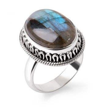 SUVANI Sterling Silver Natural Labradorite Gemstone Cabochon Oval Shaped Rope Edge Band Ring Size 6 7 8 9