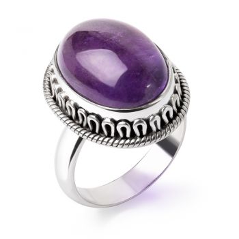 SUVANI Sterling Silver Natural Amethyst Gemstone Cabochon Oval Shaped Rope Edge Band Ring Size 6 7 8 9