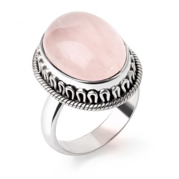 SUVANI Sterling Silver Natural Rose Quartz Gemstone Cabochon Oval Shaped Rope Edge Band Ring Size 6 7 8 9