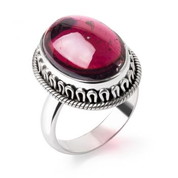SUVANI Sterling Silver Natural Red Garnet Gemstone Cabochon Oval Shaped Rope Edge Band Ring Size 6 7 8 9