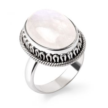 SUVANI Sterling Silver Natural White Moonstone Cabochon Oval Shaped Rope Edge Band Ring Size 6 7 8 9