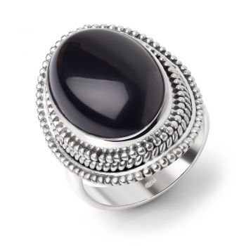 SUVANI Sterling Silver Black Onyx Gemstone Oval Shaped Dots & Rope Edge Large Cocktail Ring Size 6 ,7 ,8