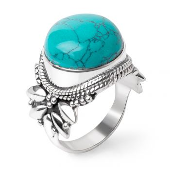 SUVANI Sterling Silver Reconstituted Turquoise Leaf Design Rope Edge Cabochon Vintage Ring Size 6 ,7 ,8
