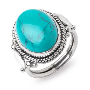 SUVANI Sterling Silver Reconstituted Turquoise Oval Shaped Double Rope Edge Vintage Band Ring Size 6 ,7 ,8