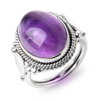 SUVANI Sterling Silver Amethyst Gemstone Oval Shaped Double Rope Edge Vintage Band Ring Size 6 ,7 ,8
