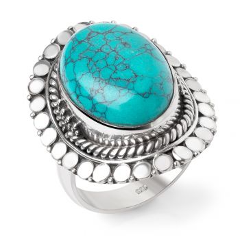 SUVANI Sterling Silver Reconstituted Turquoise Oval Shaped Rope Edge Large Cocktail Ring Size 6 ,7 ,8