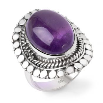 SUVANI Sterling Silver Amethyst Gemstone Oval Shaped Rope Edge Large Women Cocktail Ring Size 6 ,7 ,8