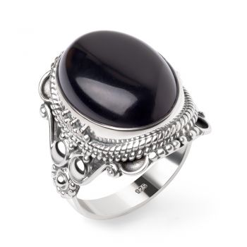 SUVANI Sterling Silver Black Onyx Oval Shaped Rope Edge Detailed Design Vintage Cocktail Ring Size 6 ,7 ,8