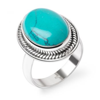 SUVANI Sterling Silver Reconstituted Turquoise Oval Shaped Rope Edge Classic Band Ring Size 6 ,7 ,8