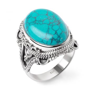 SUVANI Sterling Silver Reconstituted Turquoise Oval Shaped Rope Edge Filigree Cocktail Ring Size 6 ,7 ,8