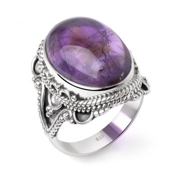 SUVANI Sterling Silver Amethyst Oval Shaped Rope Edge Filigree Vintage Women Cocktail Ring Size 6 ,7 ,8