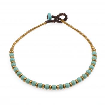SUVANI Wax Cord and Brass Beaded Genuine Blue Turquoise Semi-Precious Gemstone Anklet