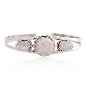 925 Sterling Silver Natural White Moonstone Gemstones Triple (3) Three Stones Women Cuff Bracelet