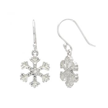 925 Sterling Silver Cubic Zirconia CZ White Enamel Snowflake Dangle Hook Earrings 1"