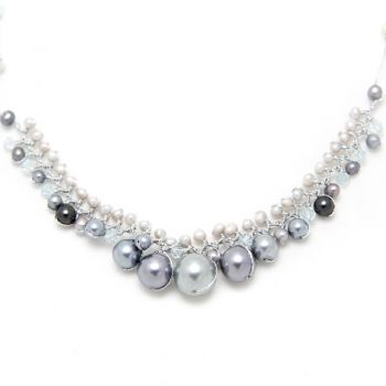 Silver-Tone White Cultured Freshwater Pearl Crystal Beads Silk Thread Cluster Necklace 17"-19"
