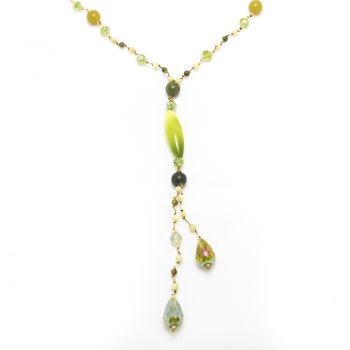 Handmade Genuine Green Gemstones and Crystal Beaded Y Drop Silk Thread Long Necklace 28"