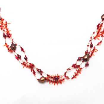 Red Cultured Freshwater Pearl Sea Coral Multi Strand Silk Thread Long Necklace 36"-39"