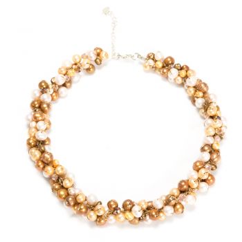 Handmade Silk Thread Gold Natural Cultured Freshwater Pearl Cluster Bead Necklace, 16-18 inches