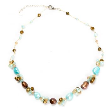 Silk Thread Brown and Blue Cultured Freshwater Pearl Beads Crystal Cluster Necklace, 17-19 inches