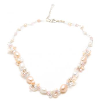 Silk Thread Peach and White Cultured Freshwater Pearl Beads Crystal Cluster Necklace, 17-19 inches