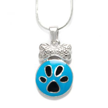 925 Sterling Silver Pet Dog Paw Foot Blue Enamel with Shiny Bone Round Pendant Necklace 18 inches