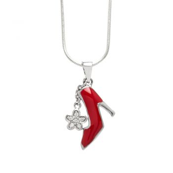 925 Sterling Silver Red Enamel High Heels Women Shoes 3-D CZ Dangling Flower Pendant Necklace 18"