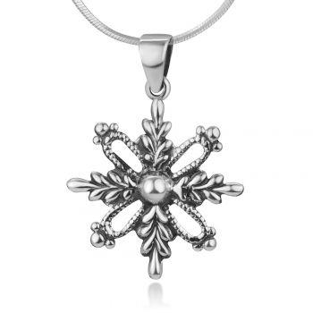 Oxidized Sterling Silver Filigree Snowflake Christmas Antique Design Pendant Necklace 18 inches