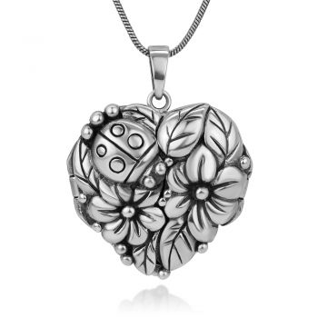 Oxidized Sterling Silver Lucky LadyBug Flowers Leaves Garden Heart Shaped Locket Necklace 18"