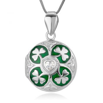 Sterling Silver Green Lucky Shamrock Leaves CZ Heart Trinity Celtic Knot Locket Necklace 18"
