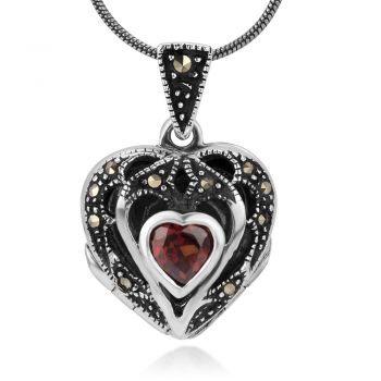 SUVANI Sterling Silver Natural Red Garnet and Marcasite Stone Heart Locket Pendant Necklace Chain 18"