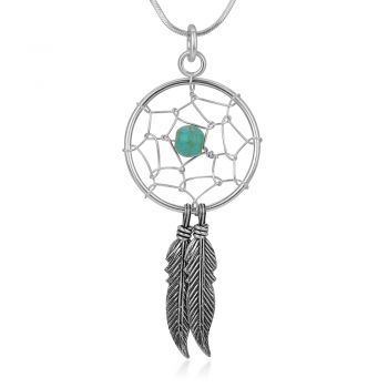 Sterling Silver Blue Turquoise Stone Dreamcatcher Dangling Feather Pendant Necklace 16"-18"