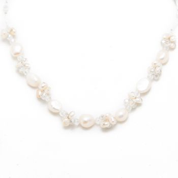 White Cultured Freshwater Pearl Clear Crystal Beads Silk Tread Princess Length Necklace 17-19"