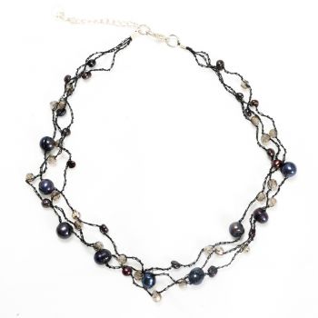SUVANI White & Peacock Black Mother of Pearl Cultured Freshwater Pearl Crystal Beads Long Necklace 34-36 