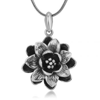 SUVANI Oxidized Sterling Silver 3-D Antique Blooming Lotus Flower Detailed Pendant Necklace 18"