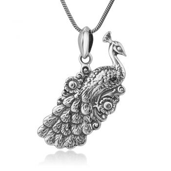 SUVANI Oxidized Sterling Silver Detailed Peacock Antique Design Women Charm Pendant Necklace 18"