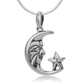 SUVANI 925 Sterling Silver Smiling Crescent Lunar Moon & Little Star Charm Pendant Necklace 18"