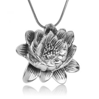 SUVANI Sterling Silver Blooming Lotus Flower Antique Design 2-D Pendant Necklace, 18 inches Chain