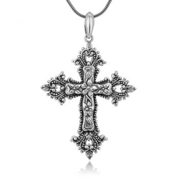SUVANI 925 Sterling Silver Detailed Antique Cross Crown Flower Vintage Unisex Pendant Necklace, 18" Chain