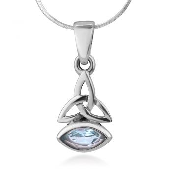 SUVANI 925 Sterling Silver Triquetra Trinity Celtic Knot Blue Topaz Gemstone Pendant Necklace 18"