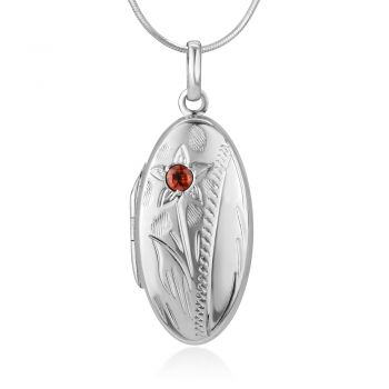 Suvani Jewelry 925 Sterling Silver Red Garnet Stone Flower Engraved Oval Shaped Locket Necklace 18 inches