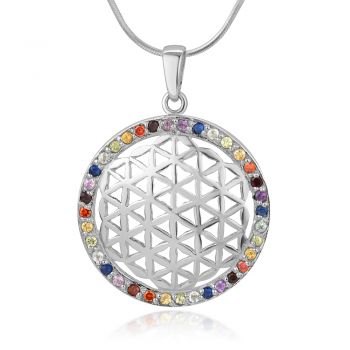SUVANI Sterling Silver 7 Chakra CZ Open Filigree Flower of Life Round Pendant Necklace 18" Chain