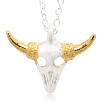 Bull Horn Skull Head 2 Tone Charm Pendant Necklace 18.5 inches