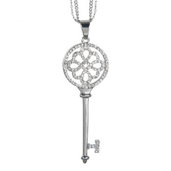 Open Filigree Long Key to the Heart Crystal Pendant Necklace Adjustable Link Chain 28 - 31 inches