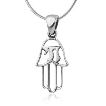 SUVANI 925 Sterling Silver Hamsa Hand of God with Chai Hebrew Letter Open Pendant Necklace, 18"